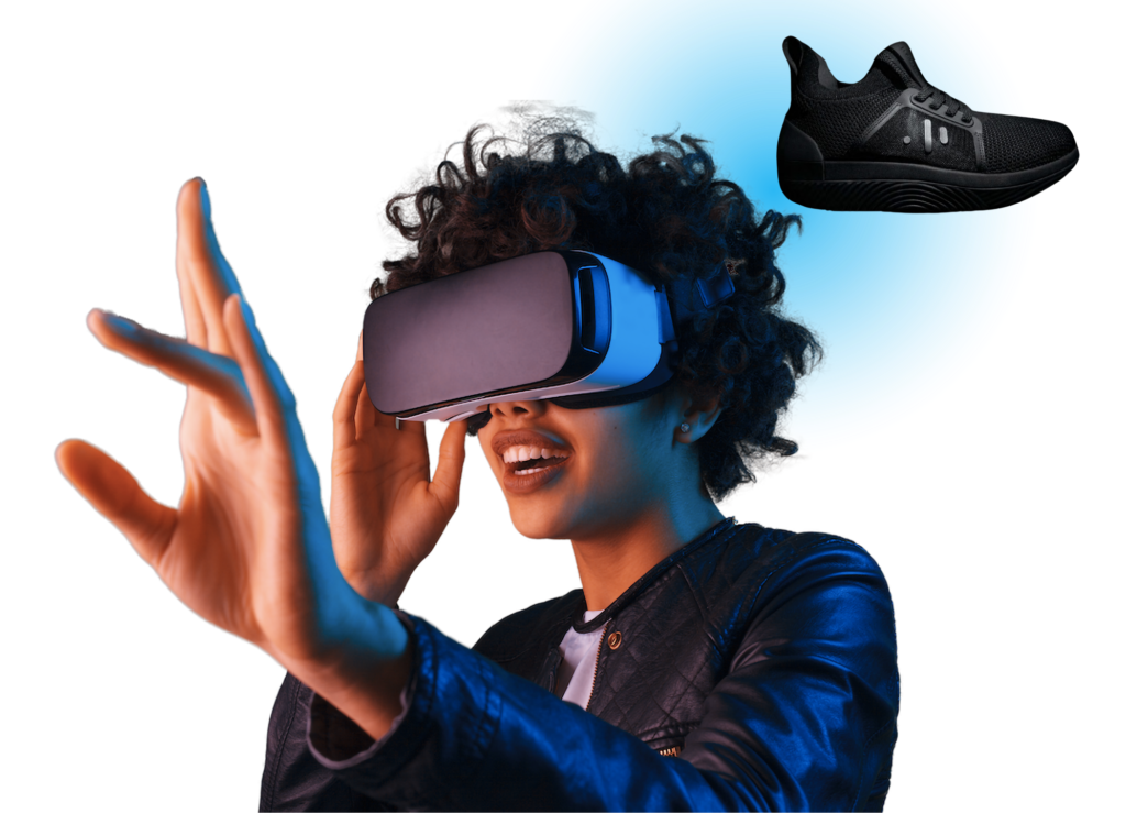 young adult wearing VR goggles with shoe floating over head